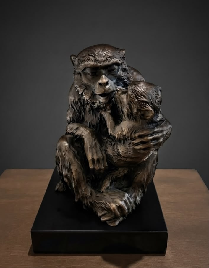 Bronze sculpture of mama monkey & baby statue.